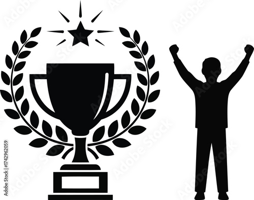 Champion trophy winner celebration success award achievement laurel wreath victory silhouette vector