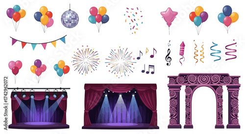 Celebration Set Festive Decorations, Balloons, Stage, Arch, Fireworks, Confetti, and Music Notes for Events and Parties