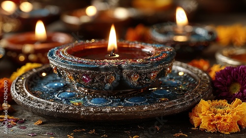 Lit diya oil lamps and flowers for a festive celebration.