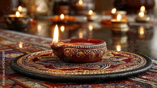 Lit diya lamp on patterned surface with other lamps in background.