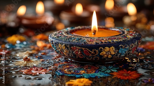 Lit diya lamp with decorative border surrounded by colorful decorations on reflective surface.