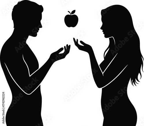 Silhouette couple reaching for temptation apple genesis bible story concept vector