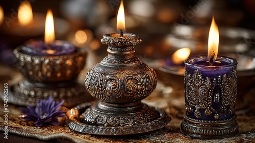 Three ornate candles with flickering flames on a decorative surface in soft light.