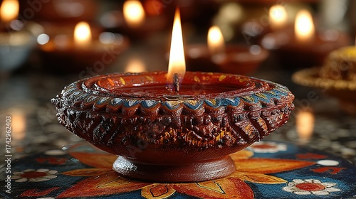 Lit candle in decorative holder on patterned surface with other candles blurred.