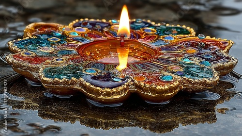Decorative diya lamp with flame on wet surface reflecting light.