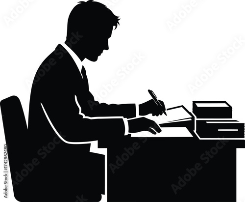 Silhouette businessman working at desk writing notes focused professional office scene vector