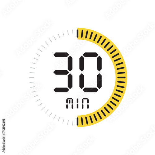 Yellow digital timer icon displaying 30 minutes, a half-hour