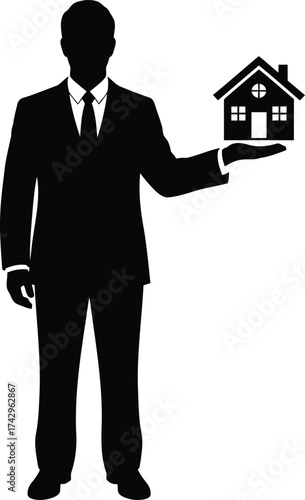 Professional businessman silhouette offering small house symbol opportunity real estate investment concept vector