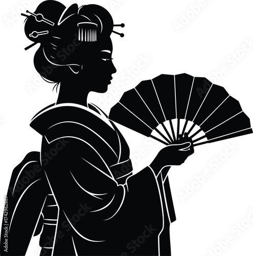 Elegant japanese geisha silhouette with traditional fan elegant kimono hairstyle art vector