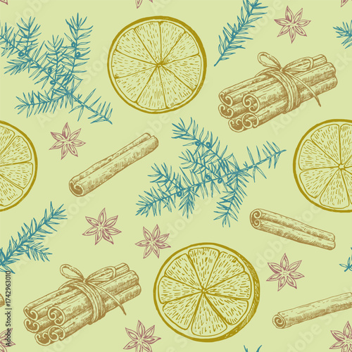 Christmas seamless pattern with orange slices and spices: cinnamon, cloves and star anise. Cozy winter print for holiday design and decor. Vector illustration.