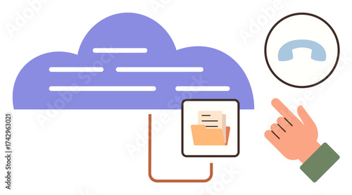 Cloud with connected document folder, mobile device, and phone icon next to a pointing hand. Ideal for data management, cloud computing, remote work, communication, technology, efficiency