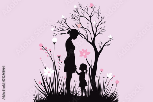 Silhouette illustration of mother and daughter holding hands in nature with flowers and tree