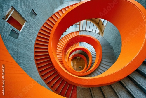 An upward view of a vibrant orange spiral staircase ascending within a textured grey building