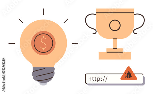 Light bulb with dollar coin, trophy symbolizing achievement, and a URL bar with malware warning. Ideal for finance, innovation, success, cybersecurity, motivation strategy online awareness. Simple