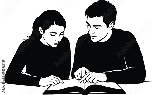 Two focused individuals studying a book together learning and collaborating vector