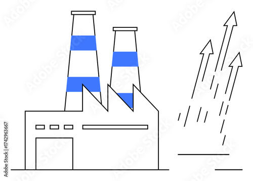 Factory building with two striped chimneys and upward arrows indicating progress, industrial growth, and achievement. Ideal for manufacturing, business, innovation, success, efficiency, economic