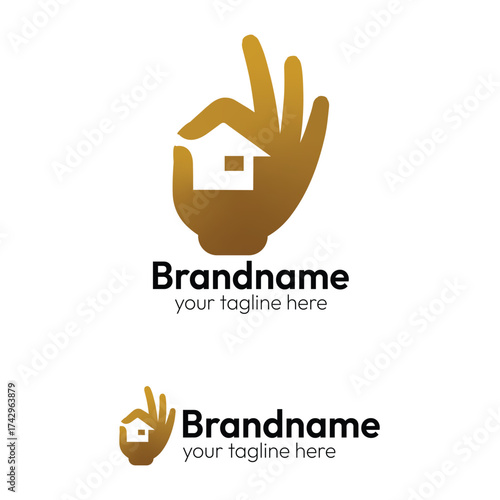 Golden OK Hand Sign with Minimalist House Icon Logo: Perfect Real Estate, Construction, Mortgage, and Home Service Brand Identity Design