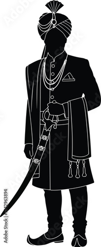 Sikh man turban royal attire holding sword cultural representation india tradition heritage silhouette vector