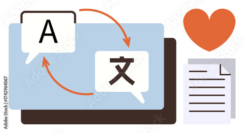 Two speech bubbles with text, arrows indicating translation, laptop, heart, and text document. Ideal for communication, global reach, education, language learning technology cultural exchange