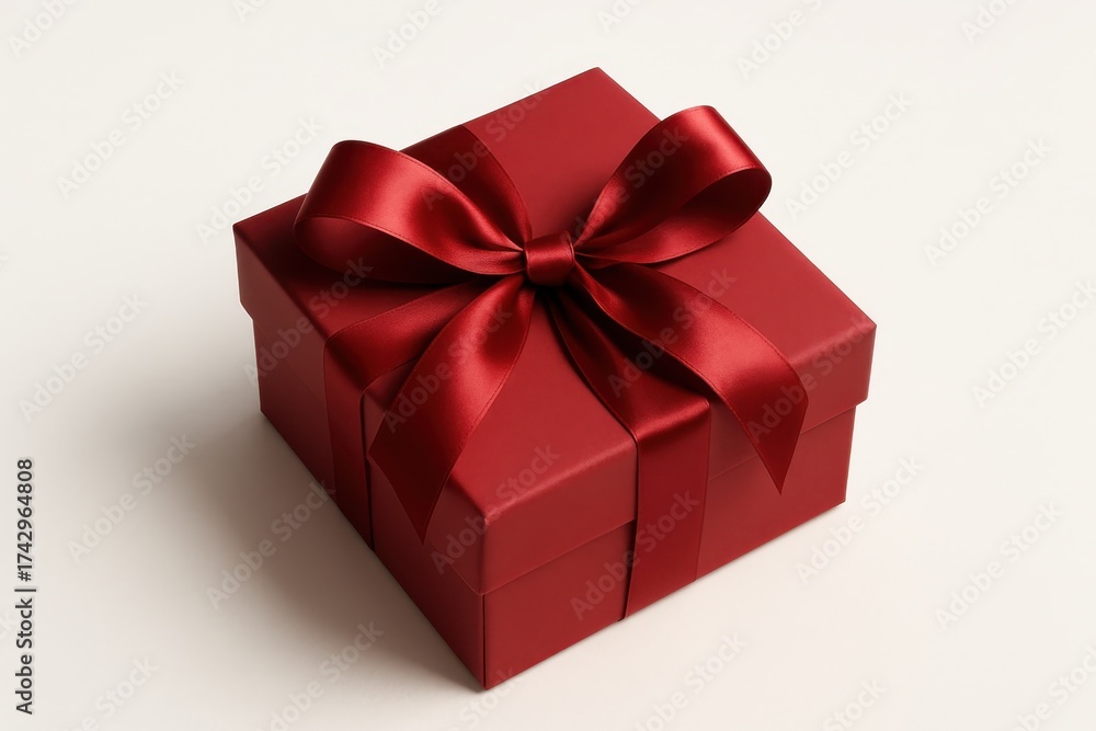 Fototapeta premium Luxury red gift box with satin ribbon and soft shadows isolated on pure white background