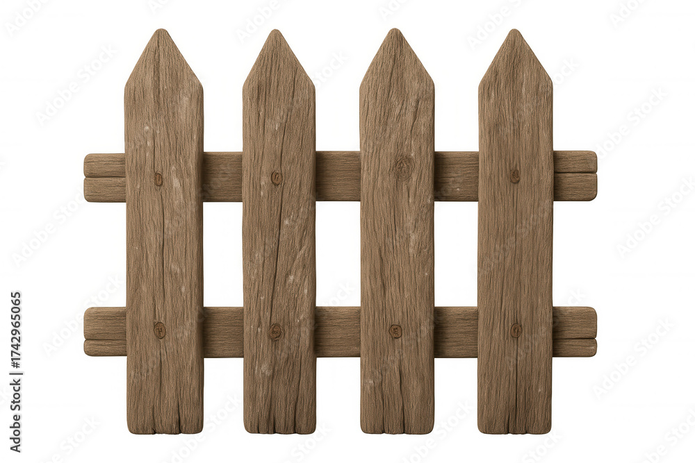Obraz premium Rustic wooden picket fence section with weathered texture representing boundary, home, and security, transparent background