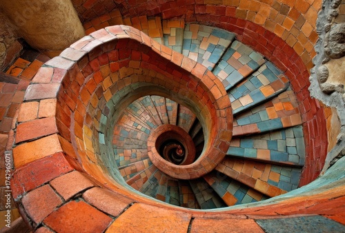 Intricate spiral staircase composed of colorful, textured tiles, viewed from above