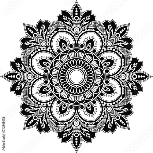Intricate black mandala design floral pattern symmetry geometric ornament decorative art vector