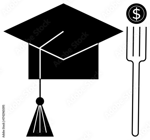 Graduation cap beside a fork with a dollar coin, representing the relationship between education, finances, and career. Ideal for education, cost, career, debt, savings scholarship investment