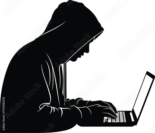 Silhouette hacker cybercrime anonymous programmer typing on laptop hooded figure in shadow vector