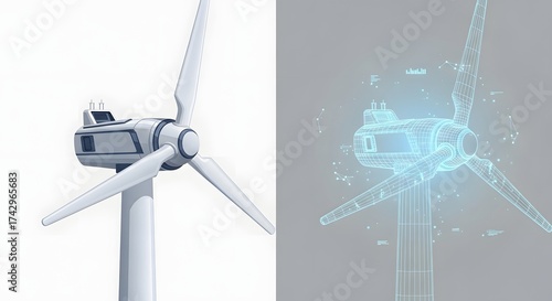 Wind Turbine with Digital Blueprint and Futuristic Technology Concept