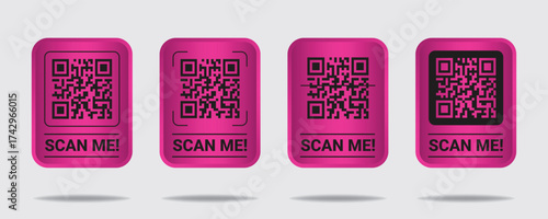 "High-quality minimalist pink and black QR codes, 4 square vector illustration, modern clean digital art"