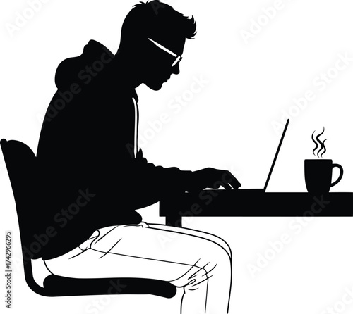 Silhouette of a young person focused on laptop working at a desk with coffee mug steam vector