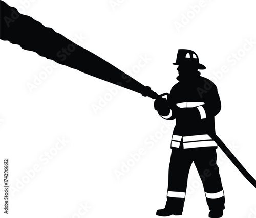 Silhouette of a firefighter in uniform spraying water from a hose extinguishing a blaze danger emergency response hero service vector