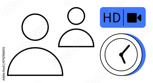 Two user profiles with an HD video label and clock, representing online meetings, high-quality streaming, and scheduling. Ideal for communication, productivity, technology, business, networking