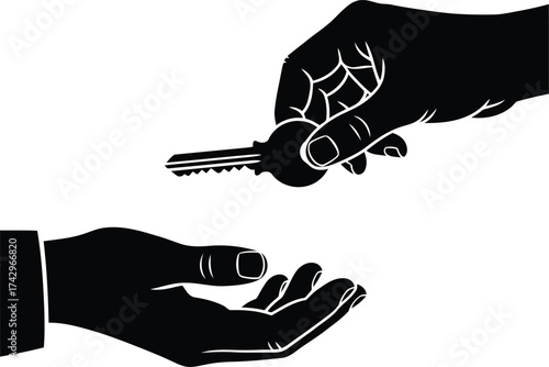 Hand passing key to another hand symbol for home ownership business success and transfer of property vector