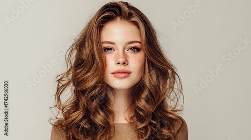 Portrait of a young woman with long, wavy auburn hair and a natural, softly lit makeup