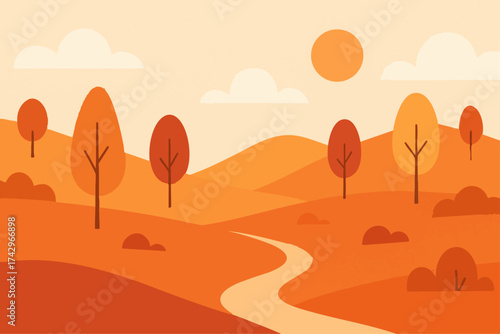Warm Autumn Landscape with Hills and Trees