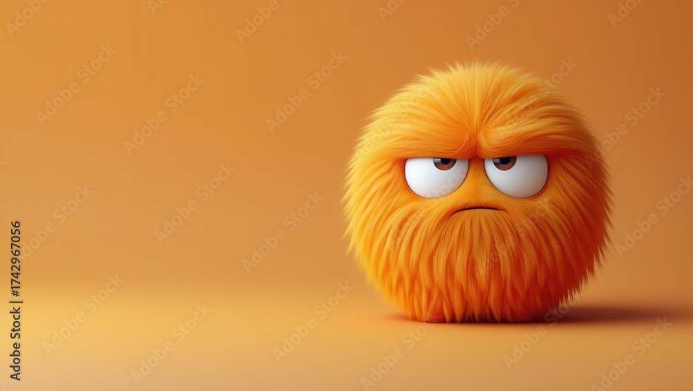 Fototapeta premium Orange fuzzy monster with big white eyes and thick eyebrows showing a grumpy face expression, representing emotions like frustration, irritation, and anger, on a solid color backdrop