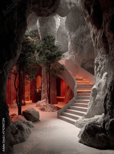 Interior view of a cave-like space, with curved staircase and trees bathed in warm light