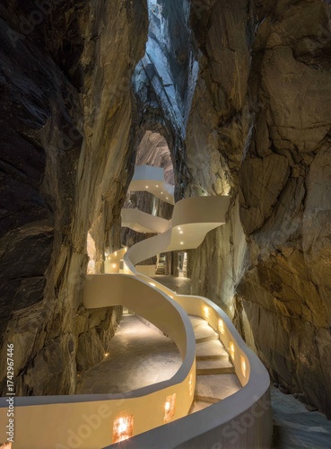 A winding white staircase ascends through a natural rock gorge, illuminated softly