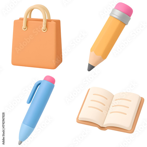 3D icons set with bag, pencil, pen and notebook on transparent background, minimalistic and educational style.