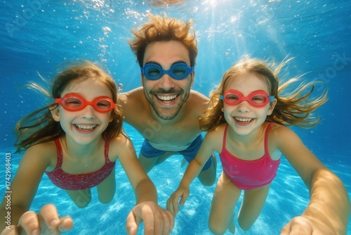 Wallpaper Mural Joyful father and two daughters swimming underwater with bubbles in bright blue pool Torontodigital.ca