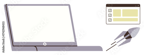 Open laptop with task checklist and rocket representing goal setting, project management, task completion, and fast execution. Ideal for productivity, technology, business, strategy, success