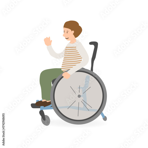 手を挙げて挨拶する車椅子の男の子のイラスト