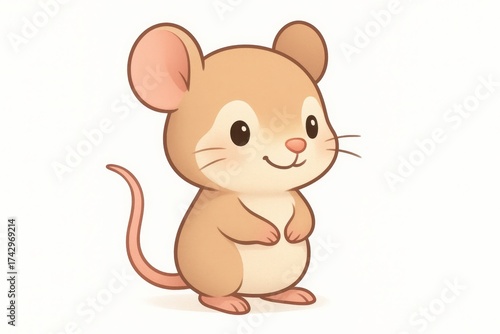 Gentle cartoon field mouse mascot on white with small ears soft colors and smile