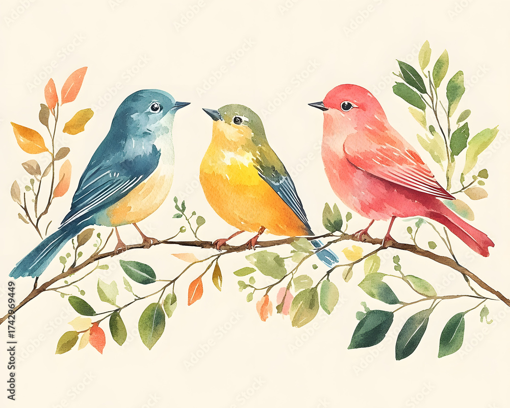 Obraz premium Watercolor Birds A Trio of Colorful Avian Friends Perched on a Branch with Artistic Flair