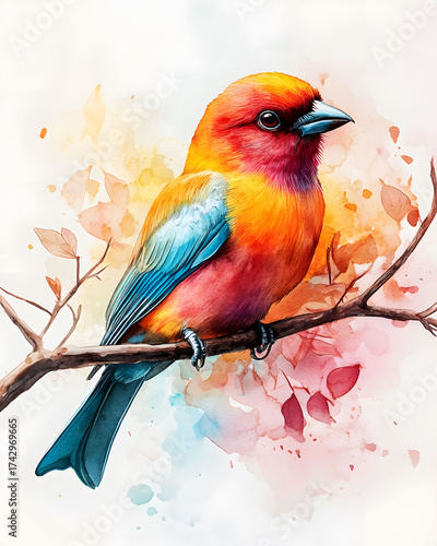 Colorful Watercolor Bird Perched on a Branch with Autumnal Hues