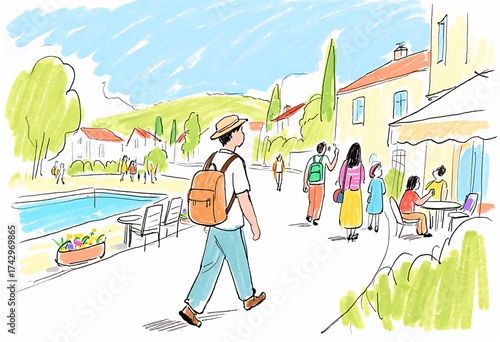 Watercolor Illustration of a Tourist Walking Through a Picturesque European Village on a Sunny Day