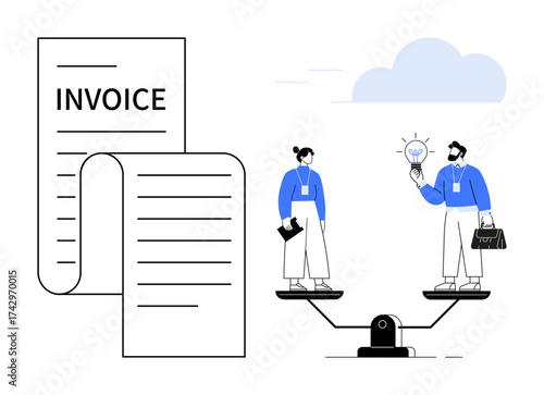 Large invoice beside a scale holding a woman and man exchanging ideas. Ideal for finance, teamwork, equality, decision-making, business negotiation, innovation, simple flat metaphor