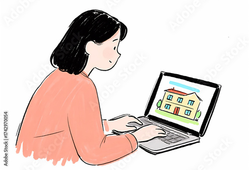 Woman Using Laptop to Browse Real Estate Listings Online, Featuring a Cartoon House Illustration
